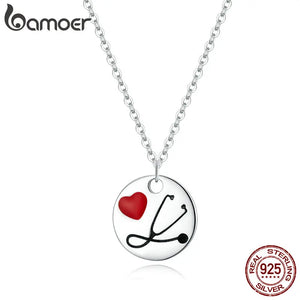 925 Silver Doctor Stethoscope Heart Coin Pendant Necklace