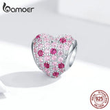 925 Silver Pink CZ Heart Charm for Snake Bracelets Romantic Jewelry BSC118