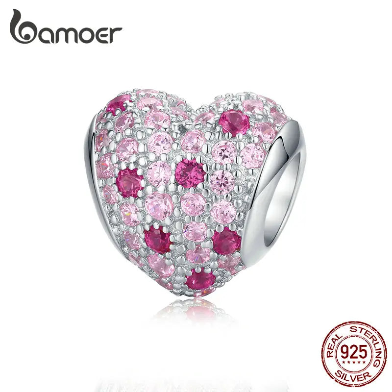 925 Silver Pink CZ Heart Charm for Snake Bracelets Romantic Jewelry BSC118