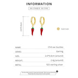 925 Silver Red Enamel Pepper Hoop Earrings for Women
