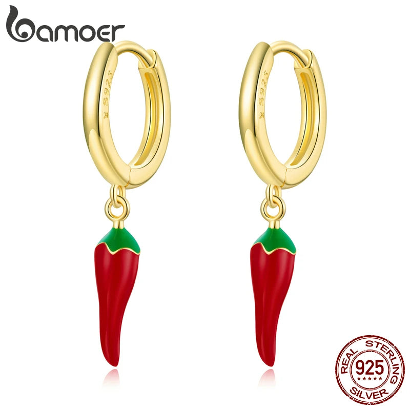 925 Silver Red Enamel Pepper Hoop Earrings for Women