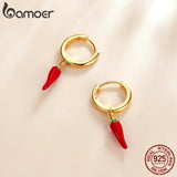 925 Silver Red Enamel Pepper Hoop Earrings for Women