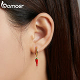 925 Silver Red Enamel Pepper Hoop Earrings for Women