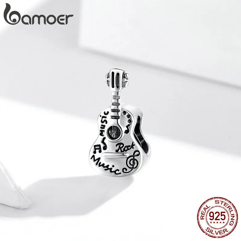 Sterling Silver Retro Guitar Charm for Bracelet & Bangle