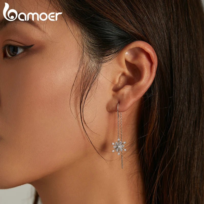925 Silver Snowflake Ear Line Tassel Earrings