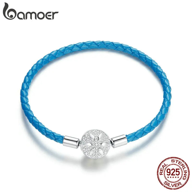 925 Silver Snowflake Clip Leather Bracelet Charm Pendant DIY Jewelry