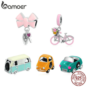 925 Sterling Silver Cartoon Car Key Charm Suv Pink Bicycle Minibus Bead