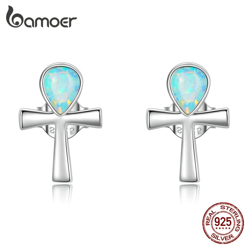 Vintage Ankh Cross Earrings Platinum Studs for Women