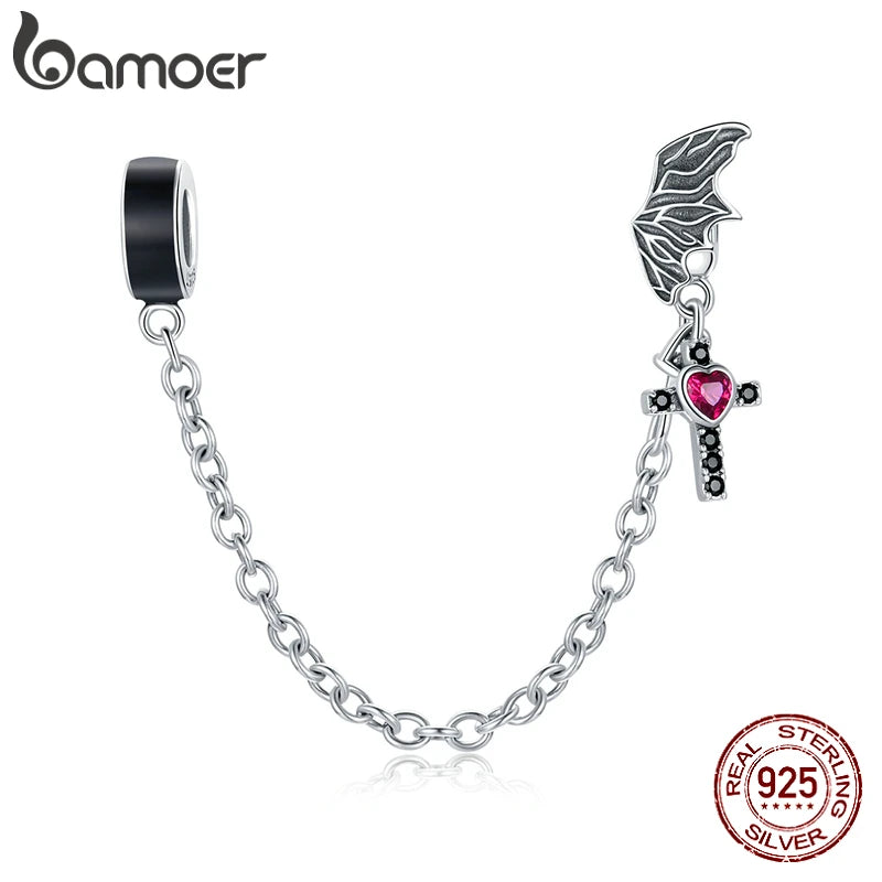925 Silver Winged Cross Safety Chain Charm for Bracelets