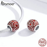 925 Silver Red Wave Round Beads Enamel Charm for Bracelet BSC133