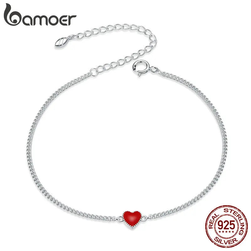 925 Silver Red Heart Chain Bracelet for Women Enamel Fine Jewelry