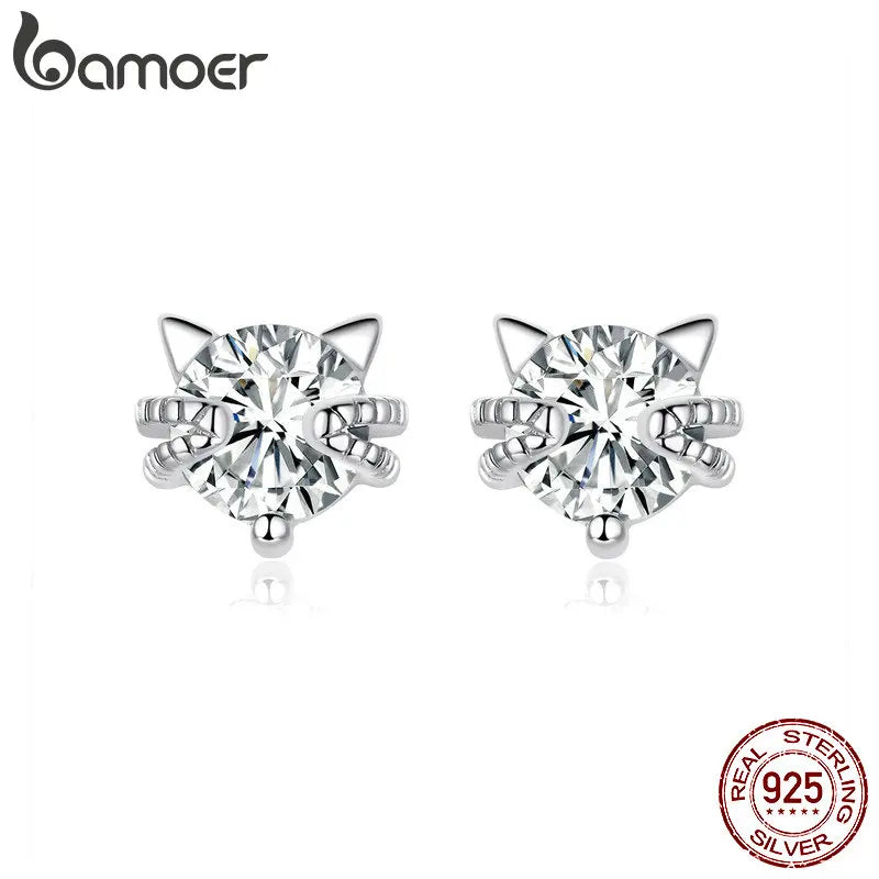 Cat Ear Stud Earrings Sterling Silver Clear CZ Jewelry BSE205
