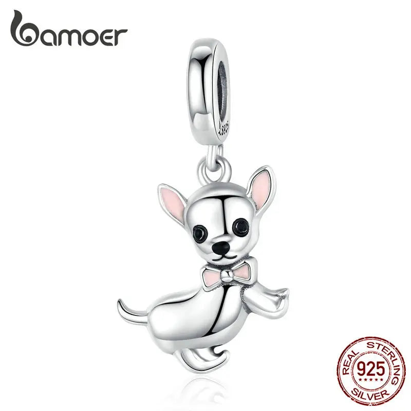 Chihuahua Dog Pendant Charm Silver 925 Pink Enamel Ear
