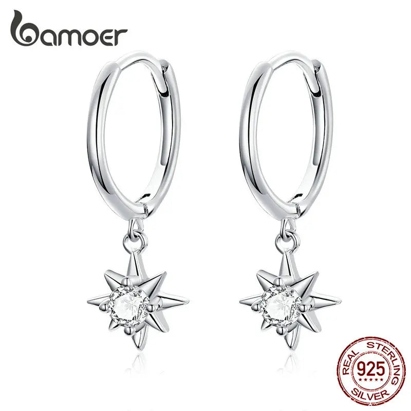 Sterling Silver Dangle Earrings with Bright Stars Charm for Women