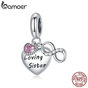 Sister Pink Heart 925 Silver Love Charm Pendant for Bracelet BSC414