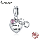 Sister Pink Heart 925 Silver Love Charm Pendant for Bracelet BSC414