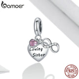Sister Pink Heart 925 Silver Love Charm Pendant for Bracelet BSC414