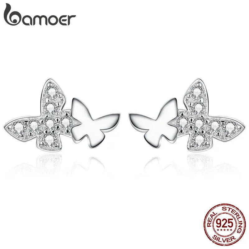 Butterfly Couples Stud Earrings Clear CZ Ear Studs 925 Sterling Silver
