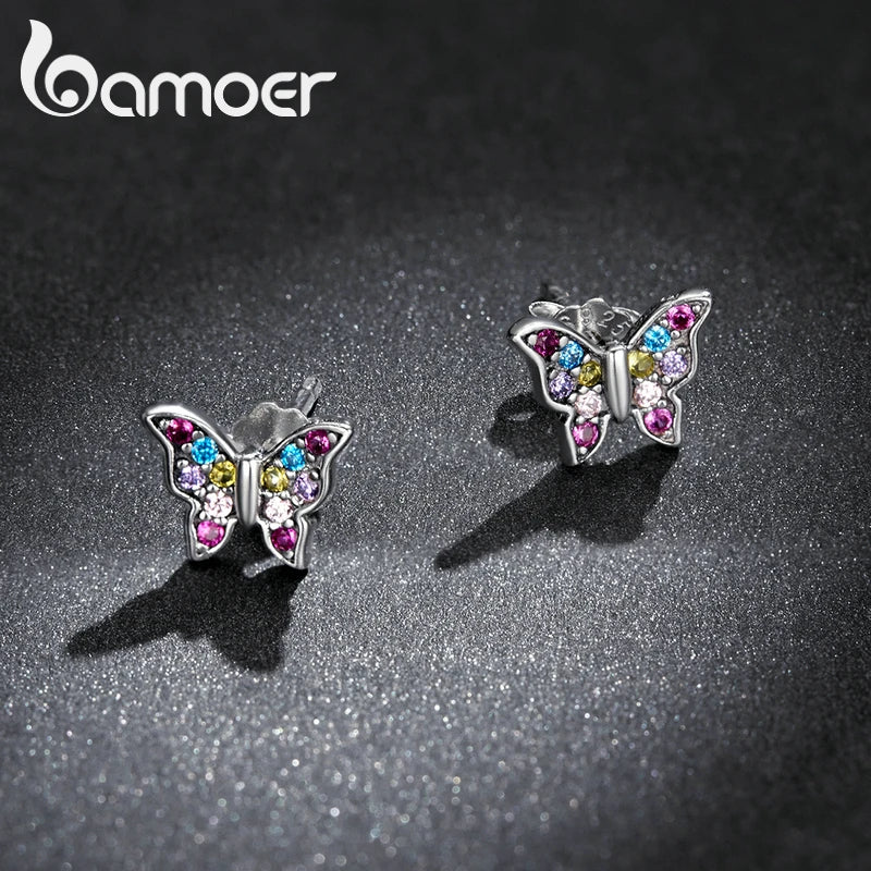 925 Silver Colorful Zircon Butterfly Dragonfly Stud Earrings Women Jewelry