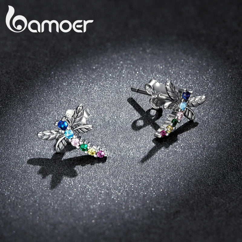 925 Silver Colorful Zircon Butterfly Dragonfly Stud Earrings Women Jewelry