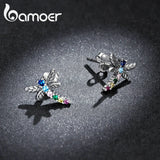 925 Silver Colorful Zircon Butterfly Dragonfly Stud Earrings Women Jewelry
