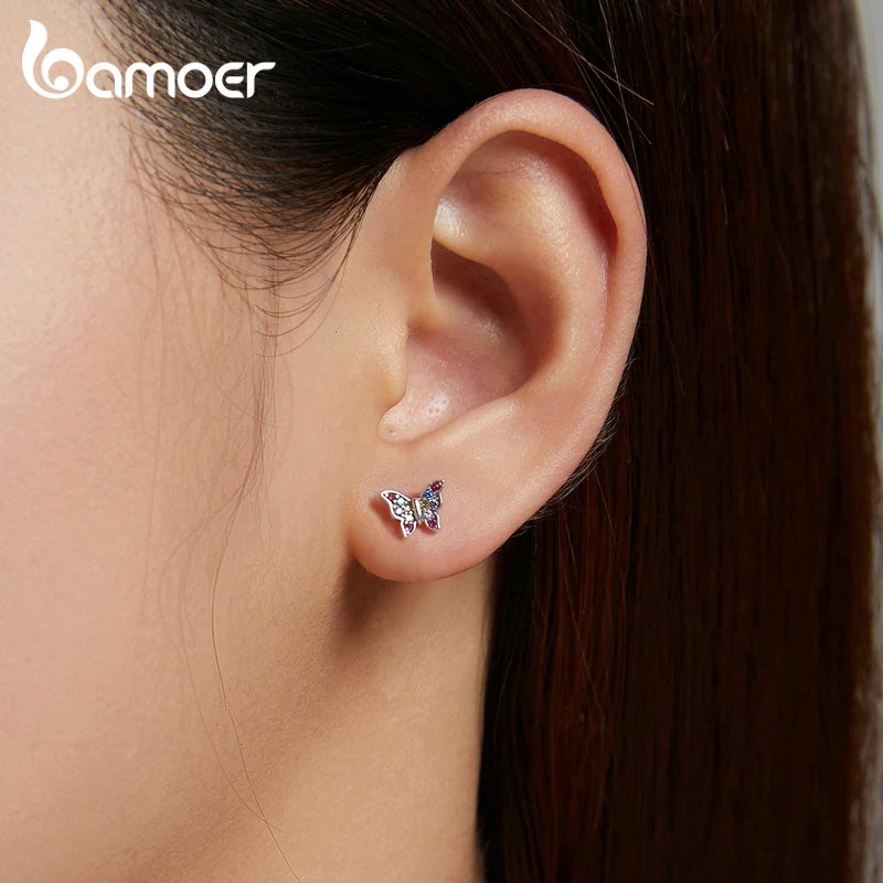 925 Silver Colorful Zircon Butterfly Dragonfly Stud Earrings Women Jewelry