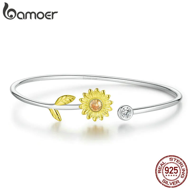 925 Silver Sunflower Cuff Bangle Bracelet for Women BSB045