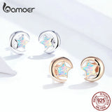 925 Silver Moon & Star Opal Stud Earrings Wedding Jewelry SCE816