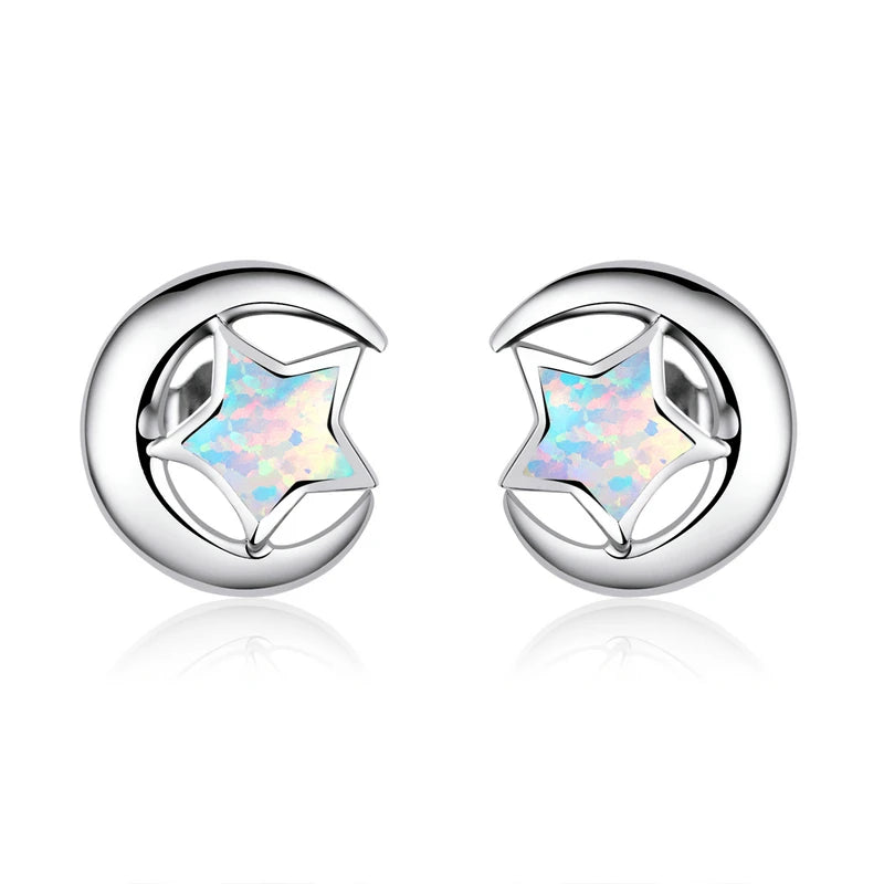 925 Silver Moon & Star Opal Stud Earrings Wedding Jewelry SCE816