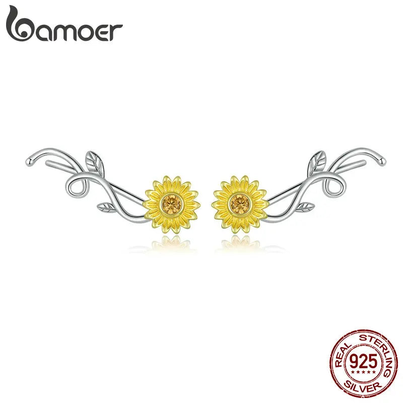 Sunflower Long Stud Earrings 925 Sterling Silver Daisy Flower Branch Jewelry