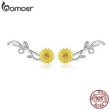 Sunflower Long Stud Earrings 925 Sterling Silver Daisy Flower Branch Jewelry