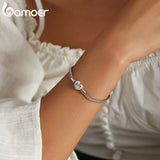 Heart Charm & Beads Bracelet 925 Sterling Silver Snake Chain for Women