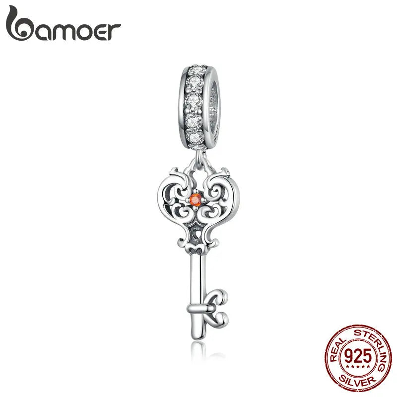 Vintage Pattern 925 Sterling Silver Key Charm Pendant for Women