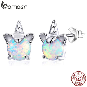 Opal Unicorn Stud Earrings 925 Sterling Silver Hypoallergenic Earings