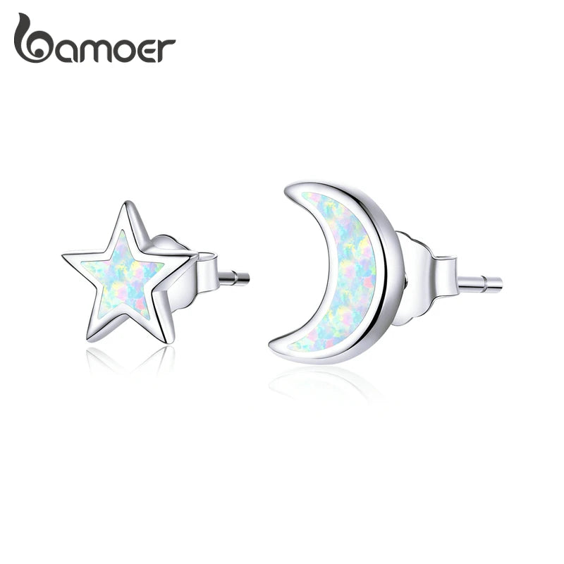 Moon and Star Stud Earrings Real 925 Sterling Silver SCE875