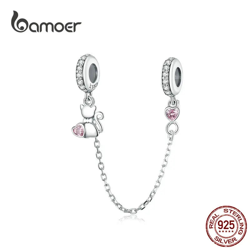 Cat Heart Safety Chain w/ Silver Charm for Bracelet & Bangle SCC1233