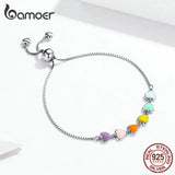 Rainbow Enamel Heart Bracelet 925 Sterling Silver Chain Bracelet