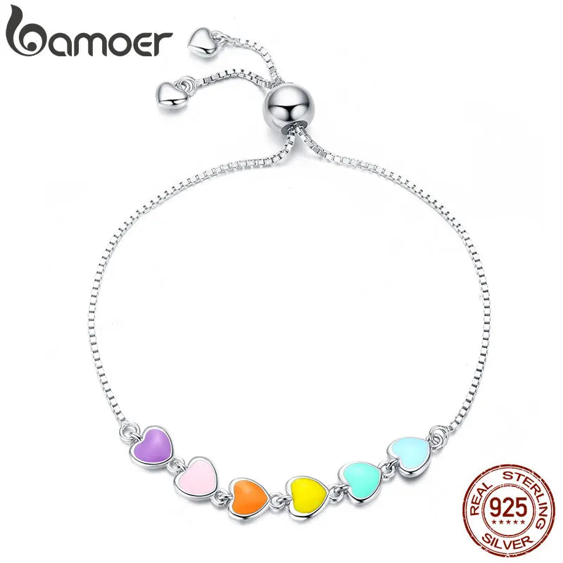 Rainbow Enamel Heart Bracelet 925 Sterling Silver Chain Bracelet