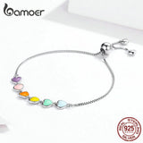 Rainbow Enamel Heart Bracelet 925 Sterling Silver Chain Bracelet
