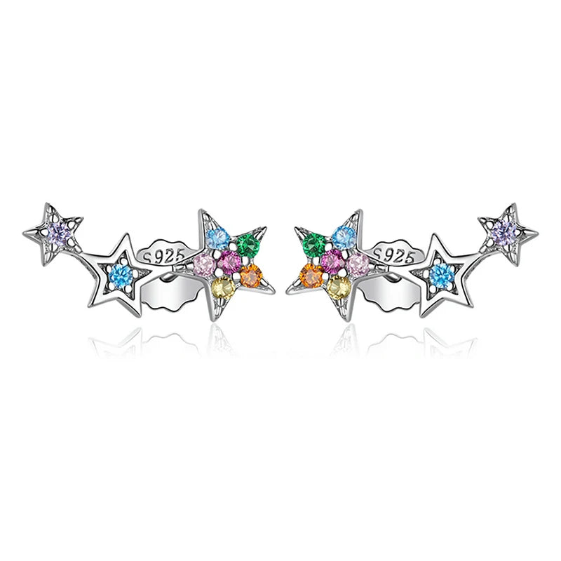 Rainbow Crystal Star Stud Earrings 925 Silver Women Engagement Jewelry