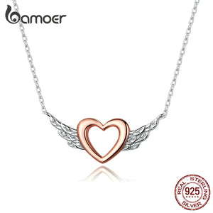 Silver 925 Heart with Wings Chain Necklace for Women Rose Jewelry BSN162