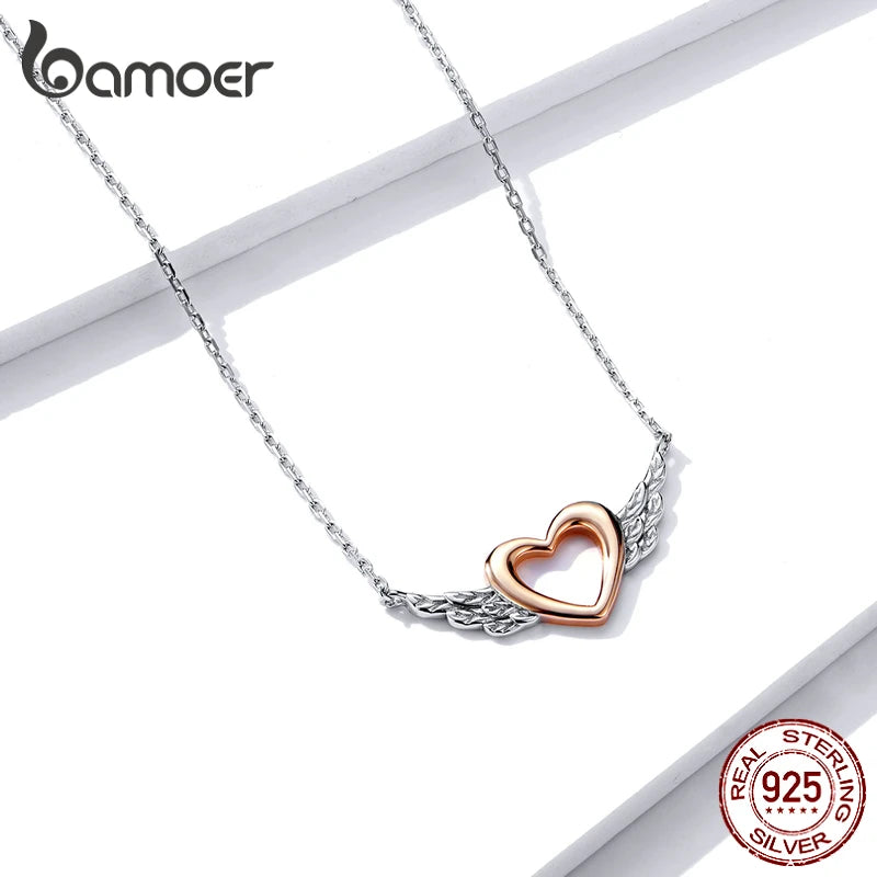 Silver 925 Heart with Wings Chain Necklace for Women Rose Jewelry BSN162