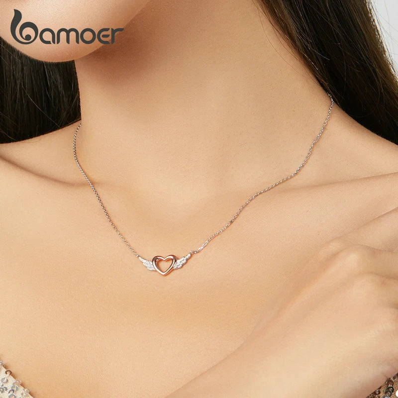 Silver 925 Heart with Wings Chain Necklace for Women Rose Jewelry BSN162
