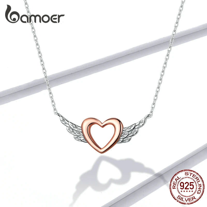 Silver 925 Heart with Wings Chain Necklace for Women Rose Jewelry BSN162