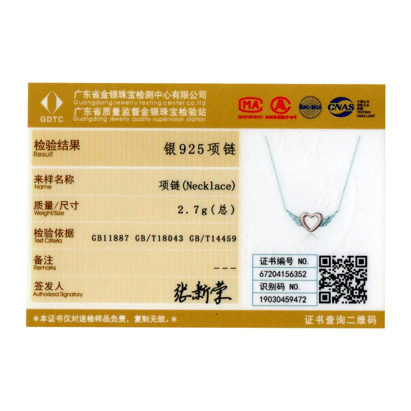 Silver 925 Heart with Wings Chain Necklace for Women Rose Jewelry BSN162