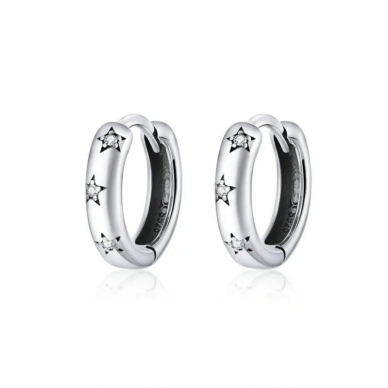 Sterling Silver Sparking Star Ear Hoops Earrings for Women SCE873