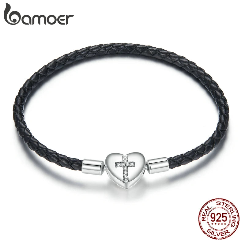 925 Silver Cross Bracelet Leather Chain Women's Engagement Jewelry Gift