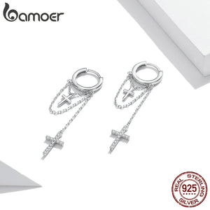 925 Silver Cross Earrings with CZ Shine, Long Hoop Chain for Women