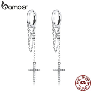 925 Silver Cross Earrings with CZ Shine, Long Hoop Chain for Women