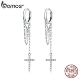 925 Silver Cross Earrings with CZ Shine, Long Hoop Chain for Women